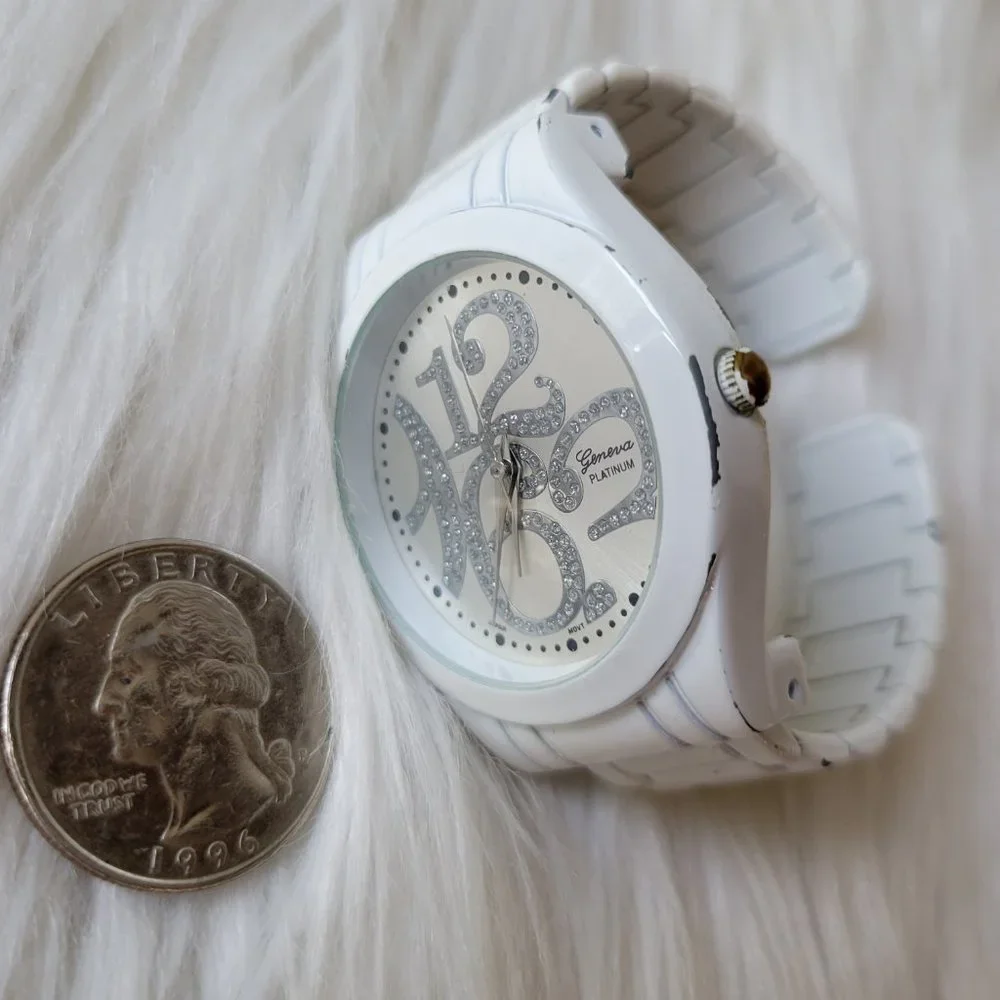Geneva Platinum Brand White Cuff Bracelet Watch